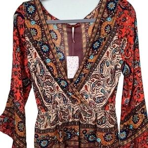 NWT Free People Rosalie Boho Bell Sleeve Surplice Paisley Red Top Blouse Sz S